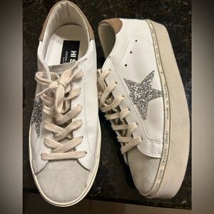 Golden Goose Hi Star Sneakers with Silver Glitter and Brown Accents